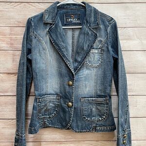 ‎VINTAGE SPRAY STRUCTURED JEAN JACKET IN BLUE